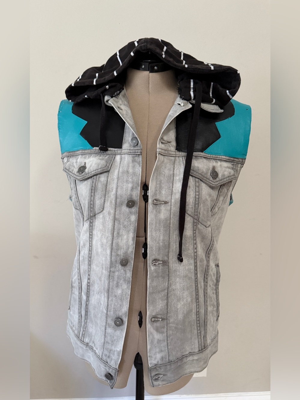 Custom Levi's Hand-Reworked Denim Vest with Leather Inlays & Hood - Men's L